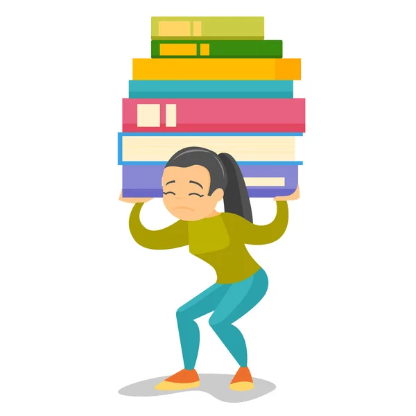 College student carrying a heavy pile of books. — Stock Vector