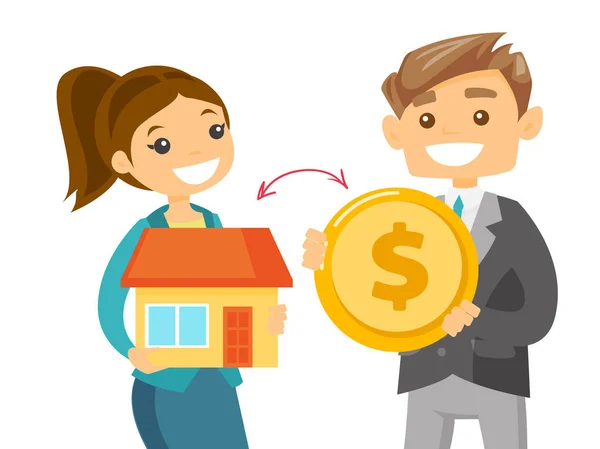 Realtor trocando uma casa para a moeda de um cliente —  Vetores de Stock