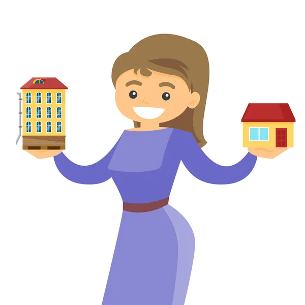 Kvinnan att välja mellan stad lägenhet och hus. — Stock vektor