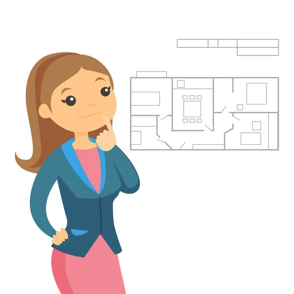 Mujer pensando en el plano del nuevo apartamento . — Vector de stock