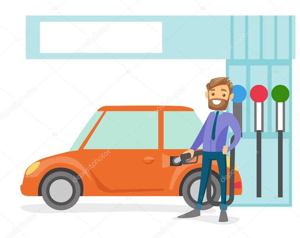 Man filling up fuel into the car at a gas station.