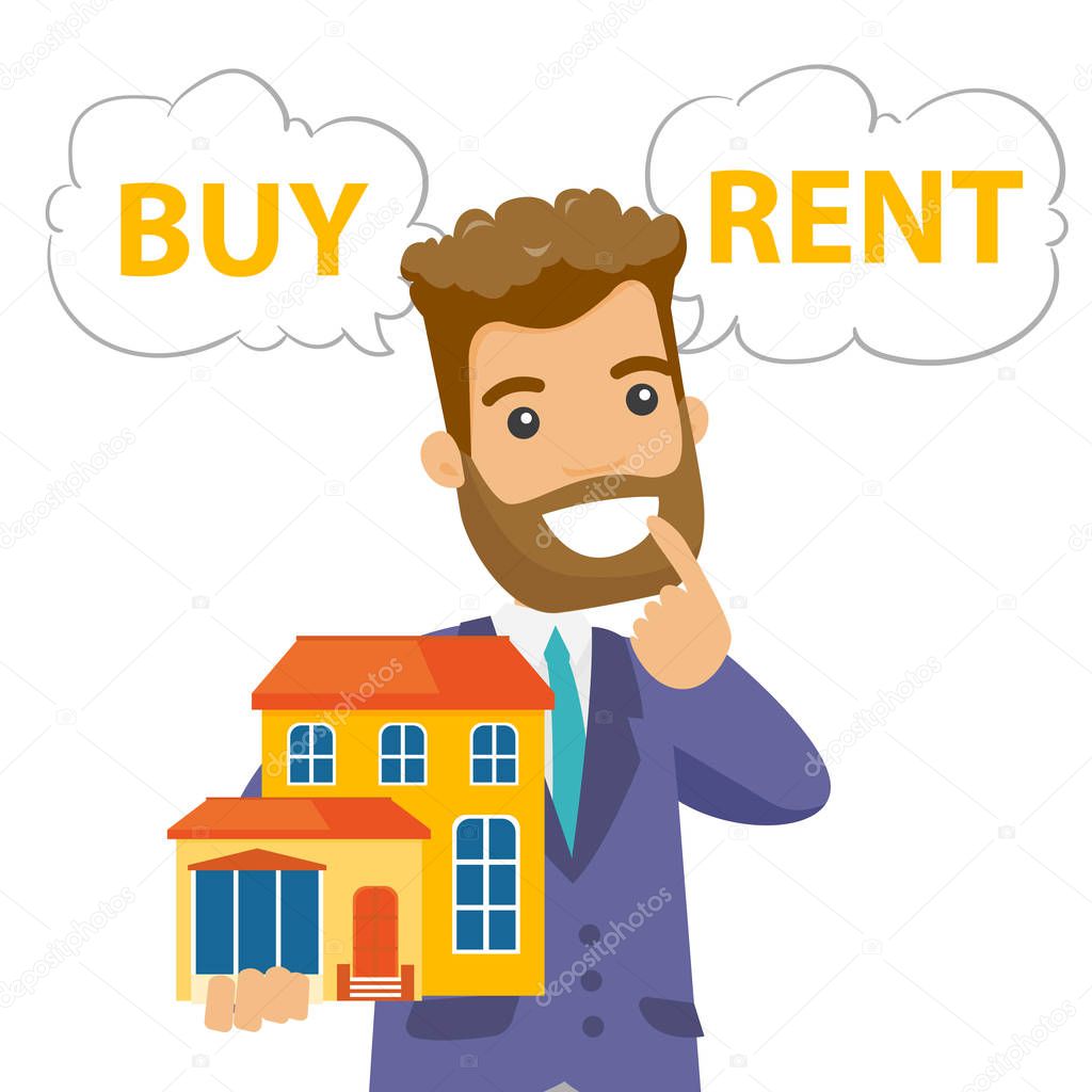 Caucasian white man thinking buy or rent house.