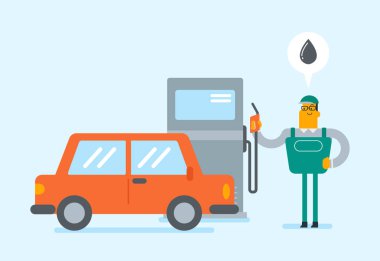 Beyaz beyaz benzin istasyonunda çalışan bir araba yakıt ikmali