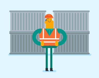 Kargo konteyner arka plan üzerinde duran liman işçisi