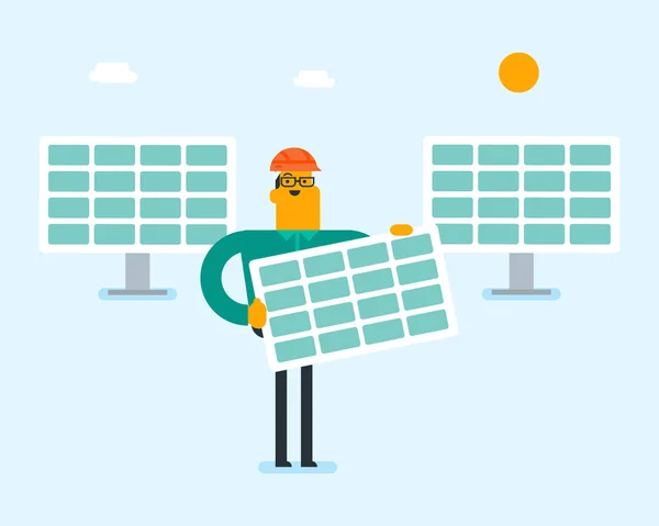 Young caucasian white man holding solar panel. — Stock Vector