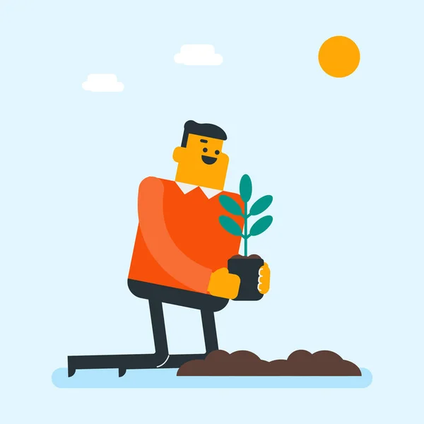 Joven jardinero blanco caucásico planta un árbol . — Vector de stock