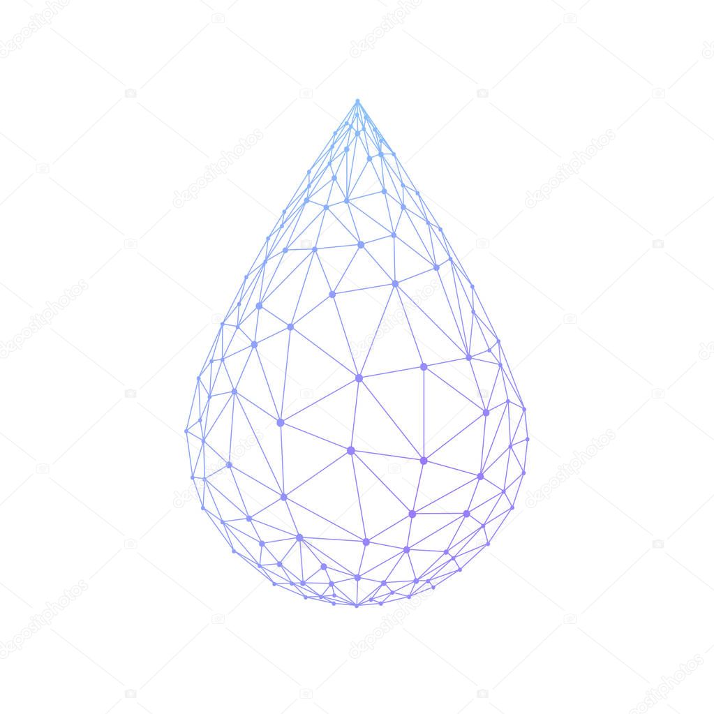Water drop or oil drop icon made with blockchain technology network polygon isolated on white background. Connection structure of droplet or raindrop. Low poly design.