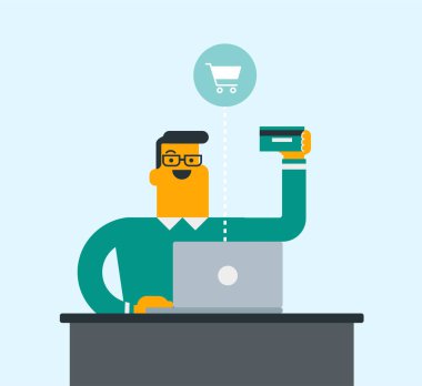 Beyaz adam için online alışveriş dizüstü bilgisayar kullanarak.