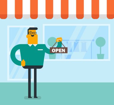 Açık tabela holding beyaz beyaz dükkan sahibi.