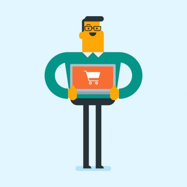 Genç beyaz beyaz adam alışveriş online.