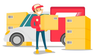 Caucasian delivery man carrying cardboard box. clipart