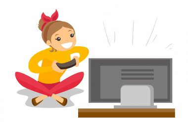 Video oyunu vektör çizim oynayan kadın.
