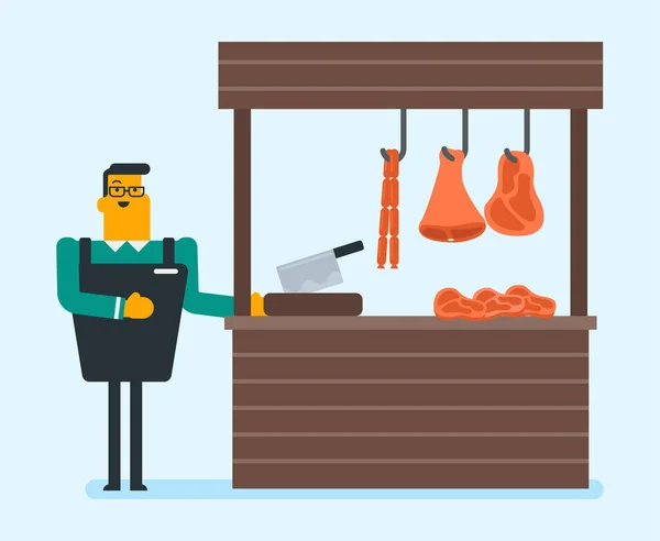 Boucher offrant de la viande fraîche dans la boucherie . — Image vectorielle
