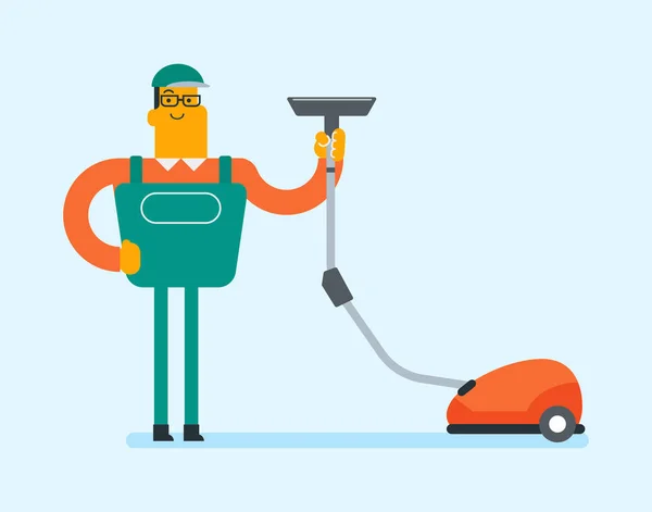 Cucasien travailleur nettoyage sol avec aspirateur — Image vectorielle