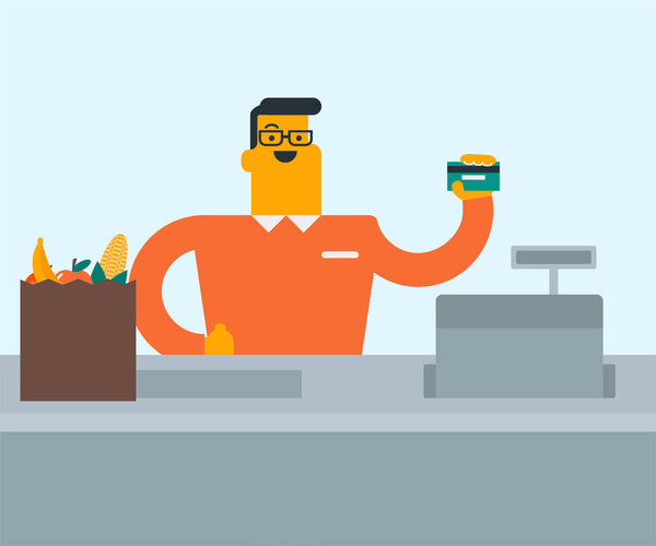 Young caucasian white cashier holding credit card.