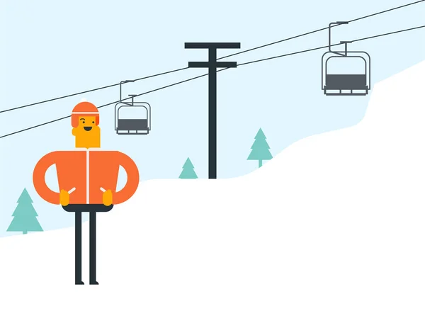 Esquiador blanco caucásico y teleférico en la estación de esquí . — Vector de stock