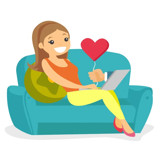 Jonge vrouw dating online met behulp van laptop. — Stockvector