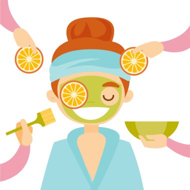 Bir istemci yüzünde maske uygulayarak güzellik uzmanı.