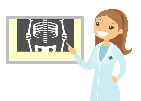 Radiólogo caucásico médico examinando radiografía . — Vector de stock