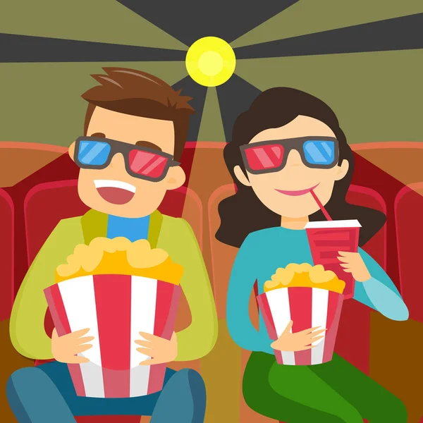 Caucasian friends in 3d glasses watching movie. — Stock Vector