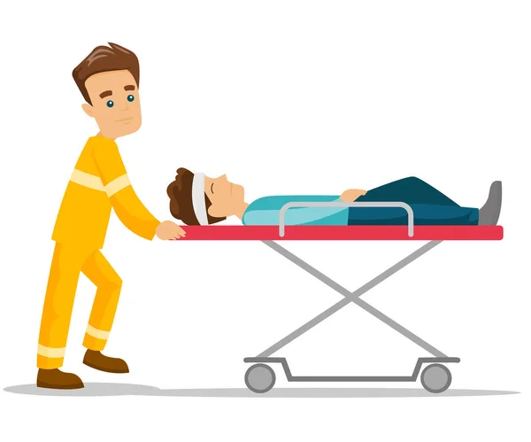 Médico de urgencias transportando al hombre en camilla . — Vector de stock
