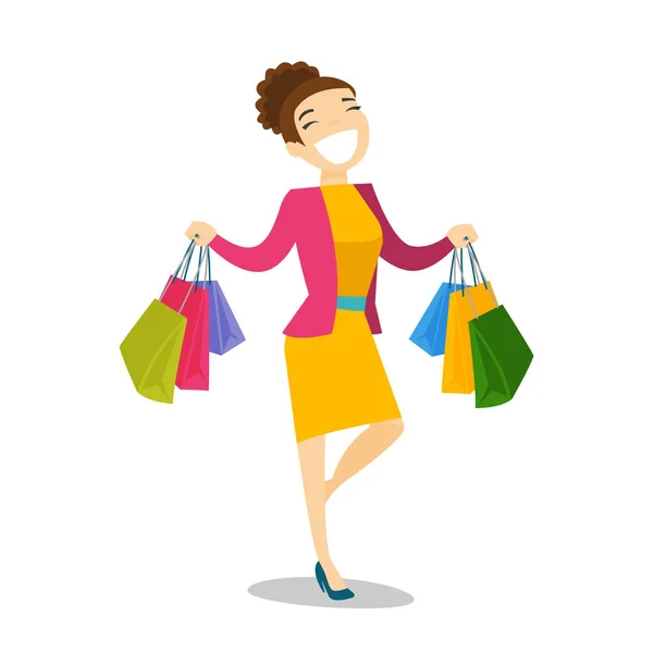 Mujer blanca caucásica feliz llevando bolsas de compras . — Vector de stock