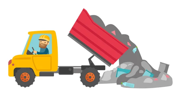 Worker and bulldozer at rubbish dump. — Stock Vector