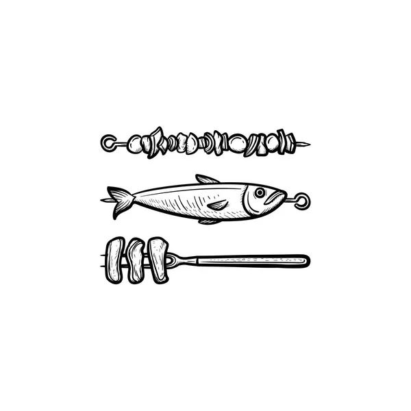 Brocheta con shish kebab y pescado dibujado a mano icono . — Archivo Imágenes Vectoriales