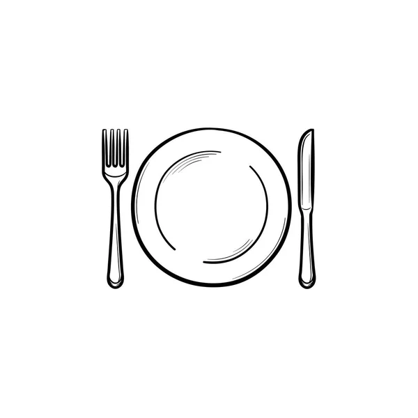 Plate with fork and knife hand drawn sketch icon. — Stock Vector