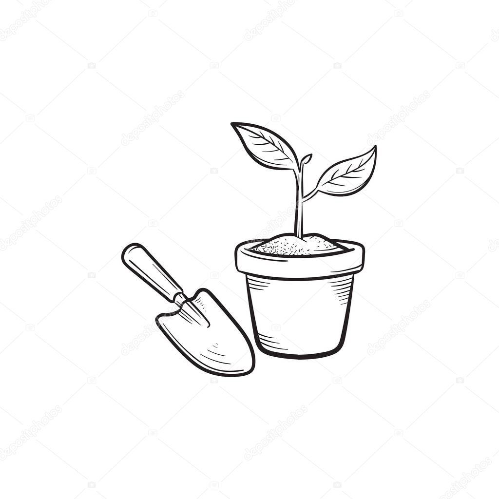 Garden trowel and pot hand drawn sketch icon.