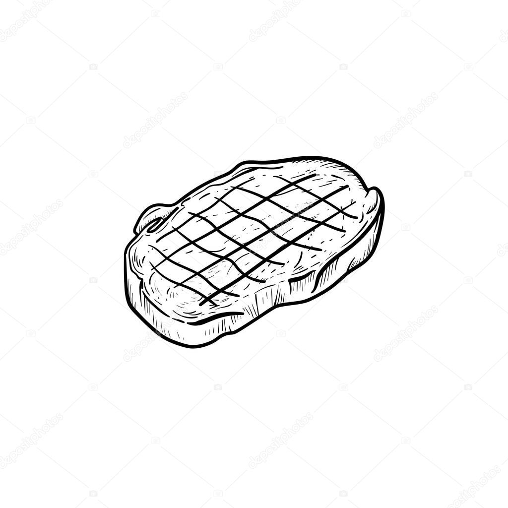Beef steak with smoke hand drawn sketch icon.