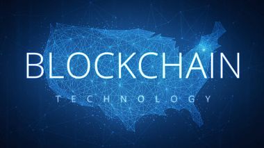 Blockchain teknoloji hud afiş ABD harita ile.