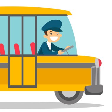 Direksiyon direksiyon başında oturan beyaz veri yolu sürücüsü.