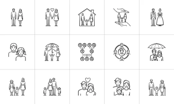 Boda y familia dibujado a mano bosquejo icono conjunto . — Vector de stock