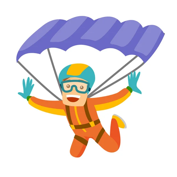 Kaukasischer weißer Mann fliegt mit Fallschirm. — Stockvektor