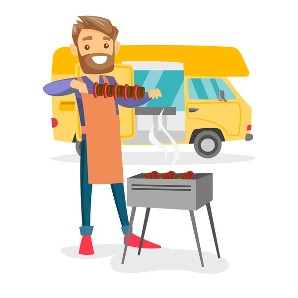 Jeune homme barbecue viande en face de camping-car . — Image vectorielle