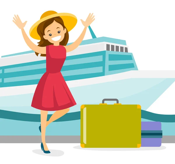 Touriste va au paquebot de croisière avec une valise . — Image vectorielle