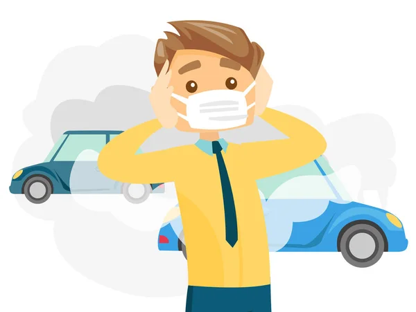 Hombre usando máscara debido a la contaminación tóxica del aire . — Vector de stock
