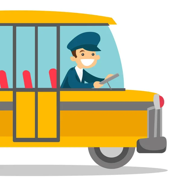 Șofer de autobuz caucazian așezat la volan . — Vector de stoc