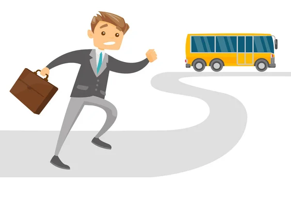 Caucasian white latecomer man running for the bus. — Stock Vector