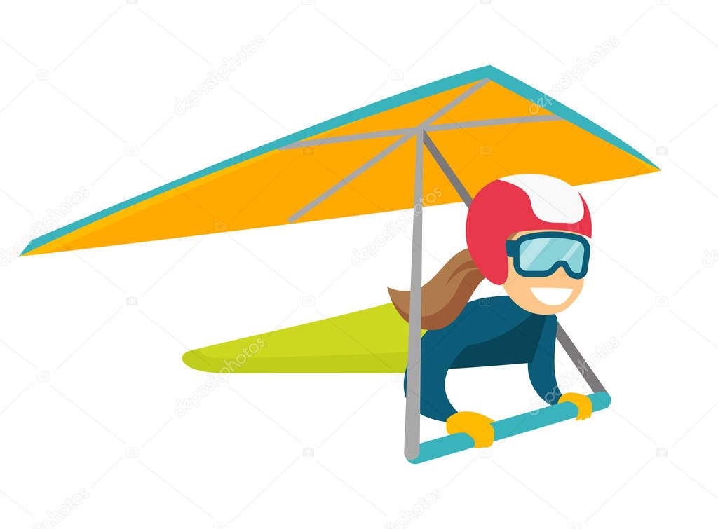Caucasian white woman flying on hang-glider.