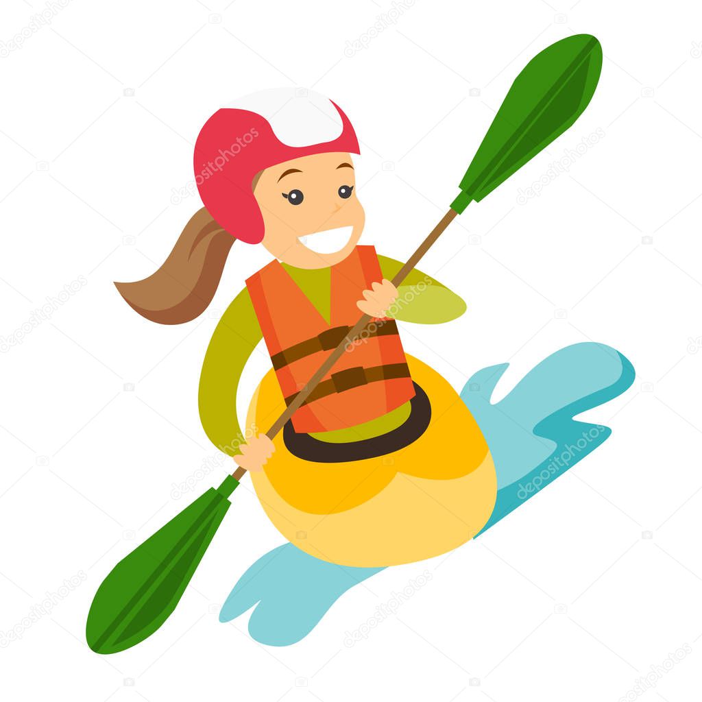 Young caucasian white woman riding a kayak.