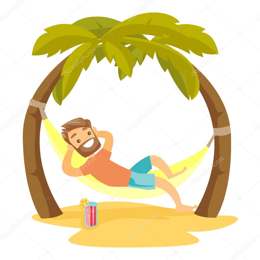 Caucasian white man lying in hammock on the beach.