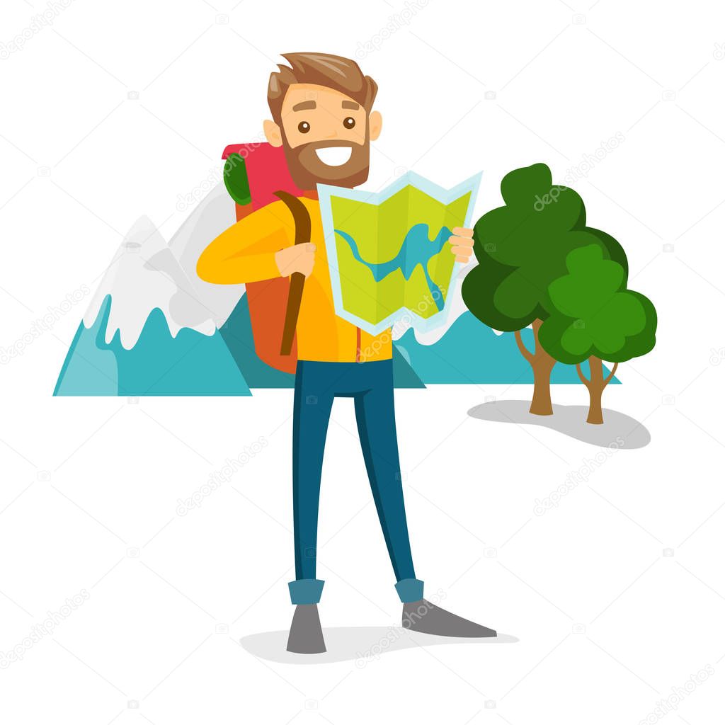 Caucasian traveler with backpack looking at map.