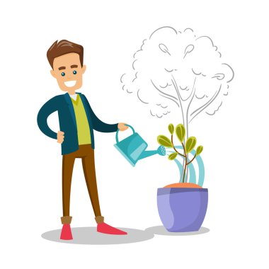 Beyaz işadamı küçük büyüyen ağaç sulama.