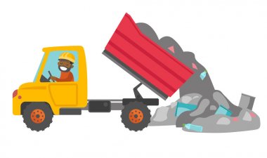 İşçi ve çöp dökümü, buldozer.
