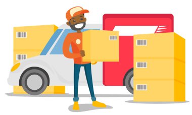Young african delivery man carrying cardboard box. clipart