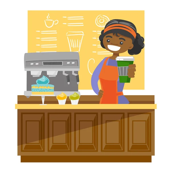 Fiatal afrikai barista, ami egy csésze kávé. — Stock Vector