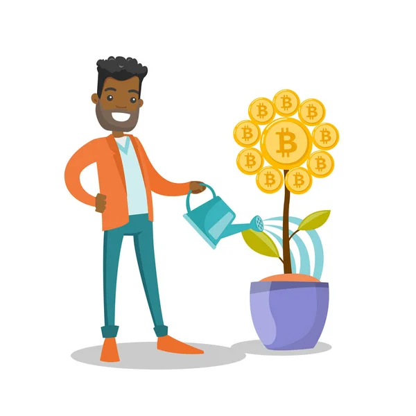 Affärsman vattning blomma med bitcoin symbol — Stock vektor