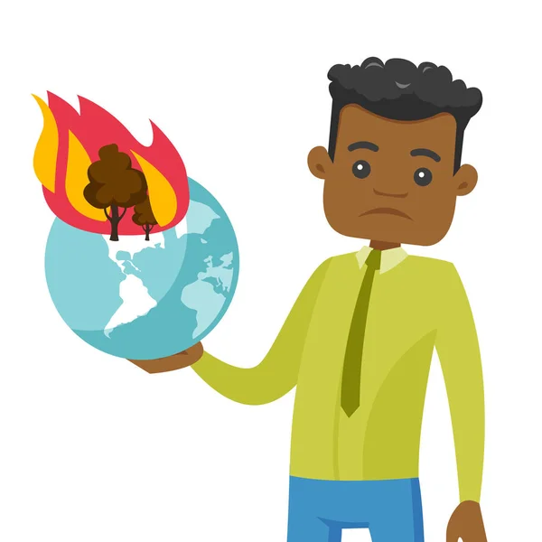 African man holding globe with forest in fire. — Stock Vector